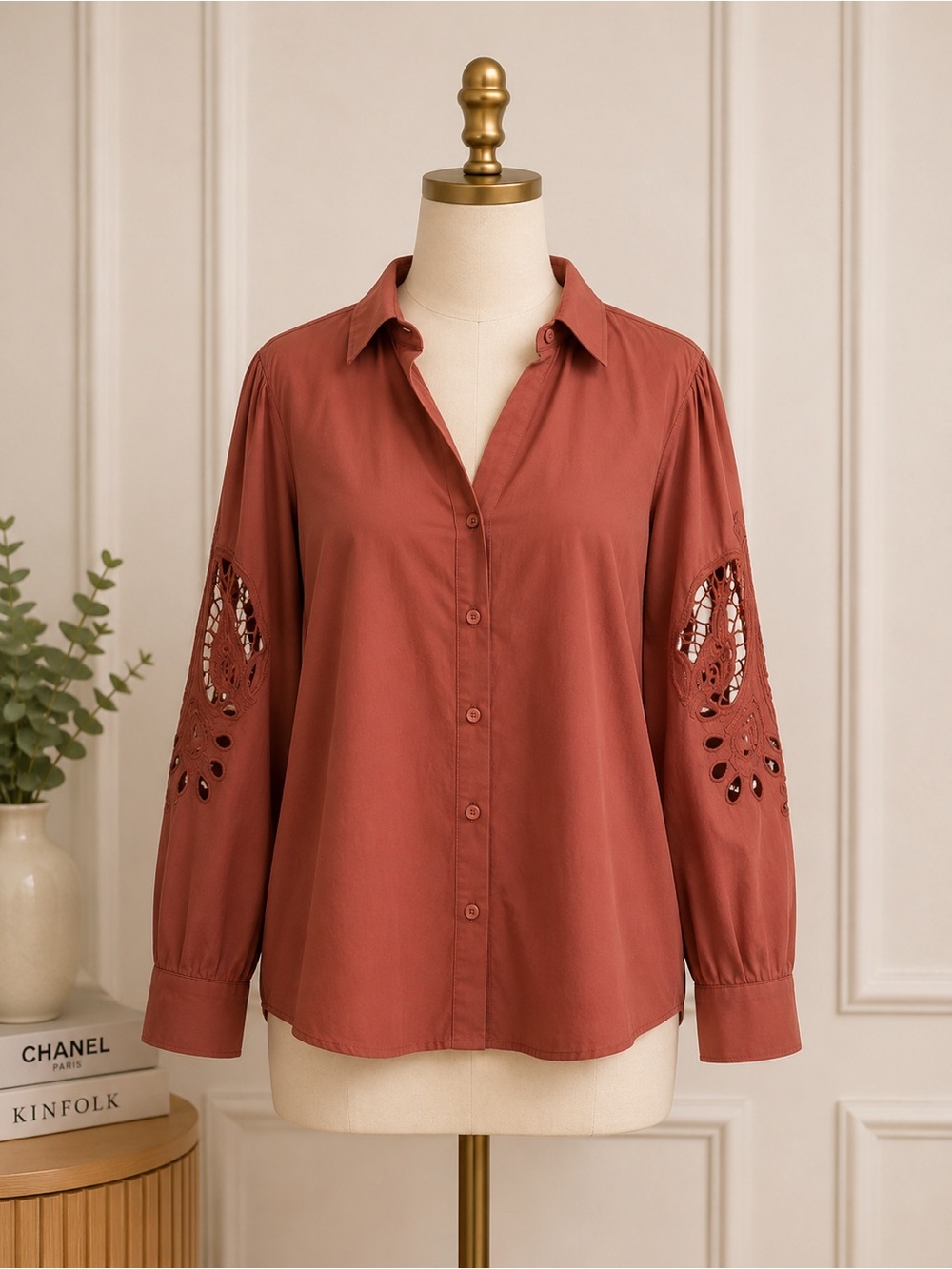 Chico's Terracotta Button-Front Blouse with Embroidered Sleeve Cutouts